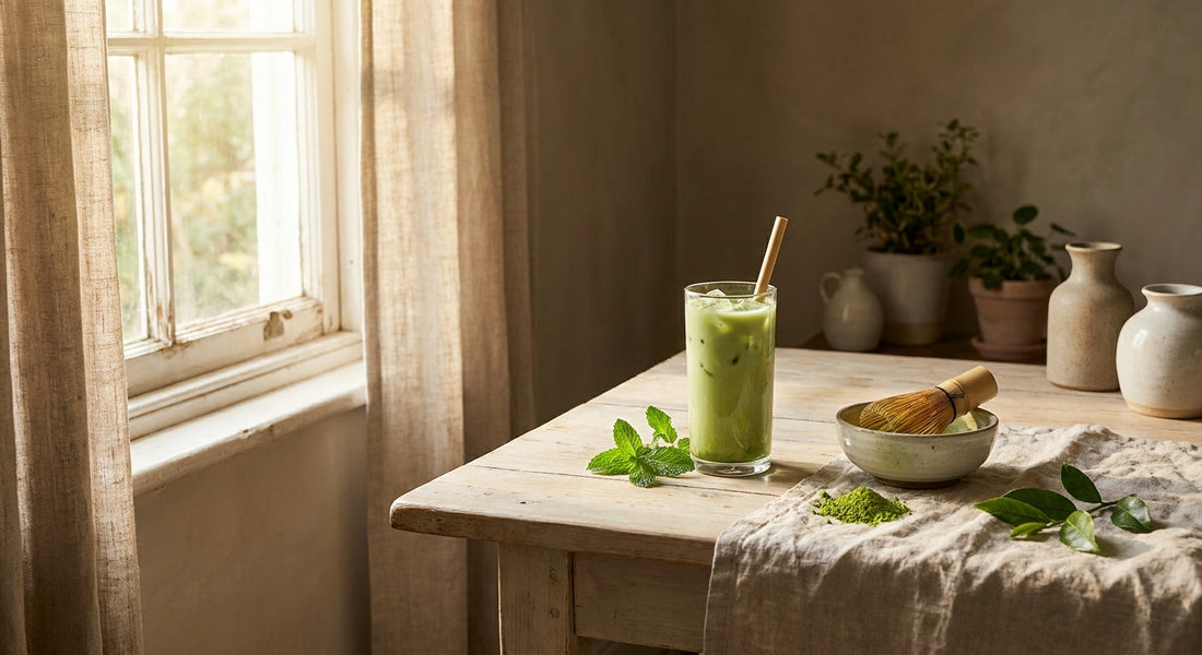 Matcha cu gheață, tel de bambus și pudră verde vie