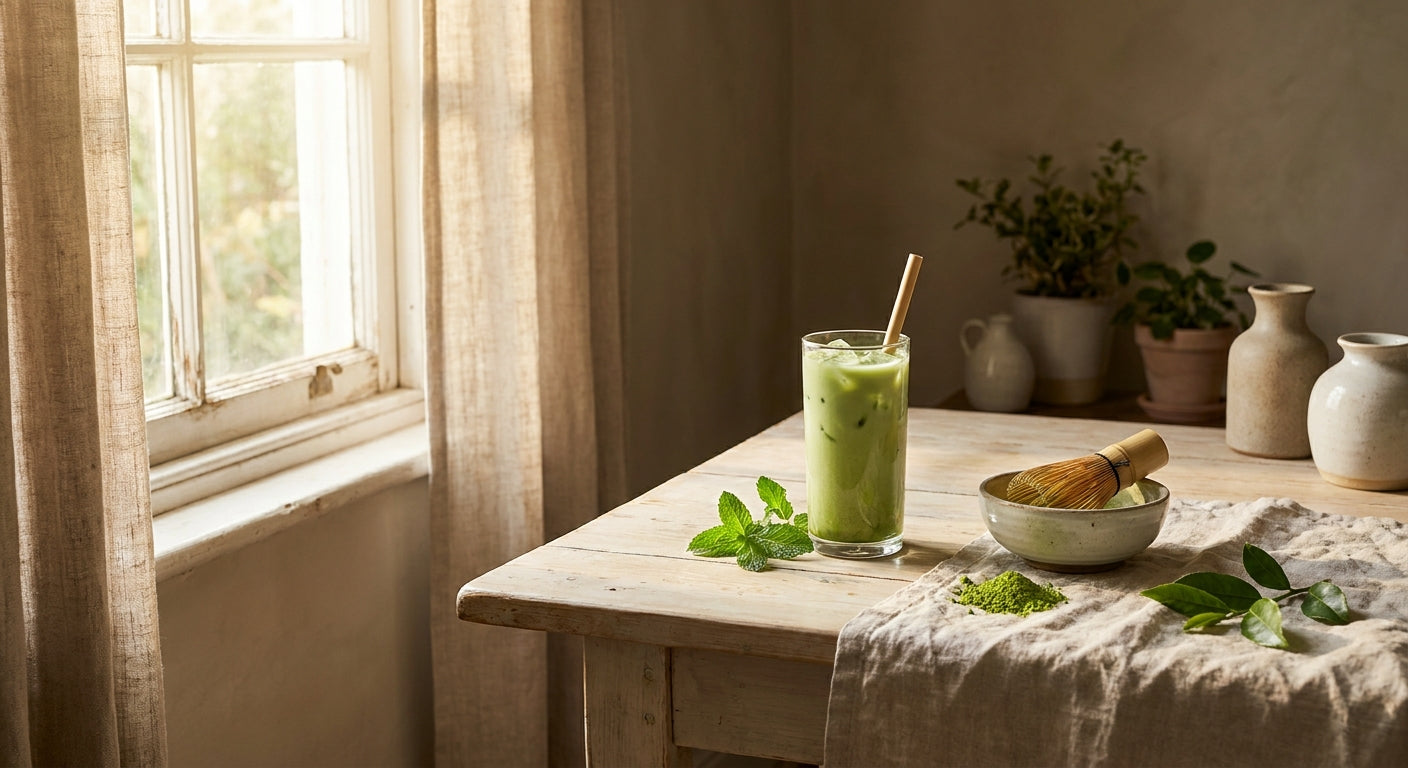 Matcha cu gheață, tel de bambus și pudră verde vie