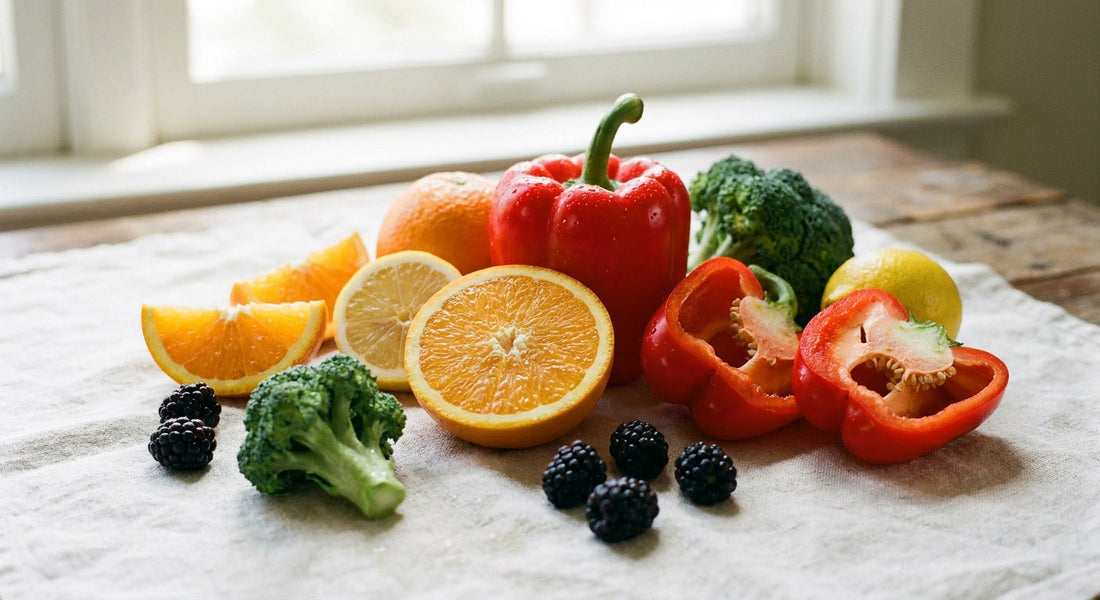Capsule de Vitamina C pe fundal deschis