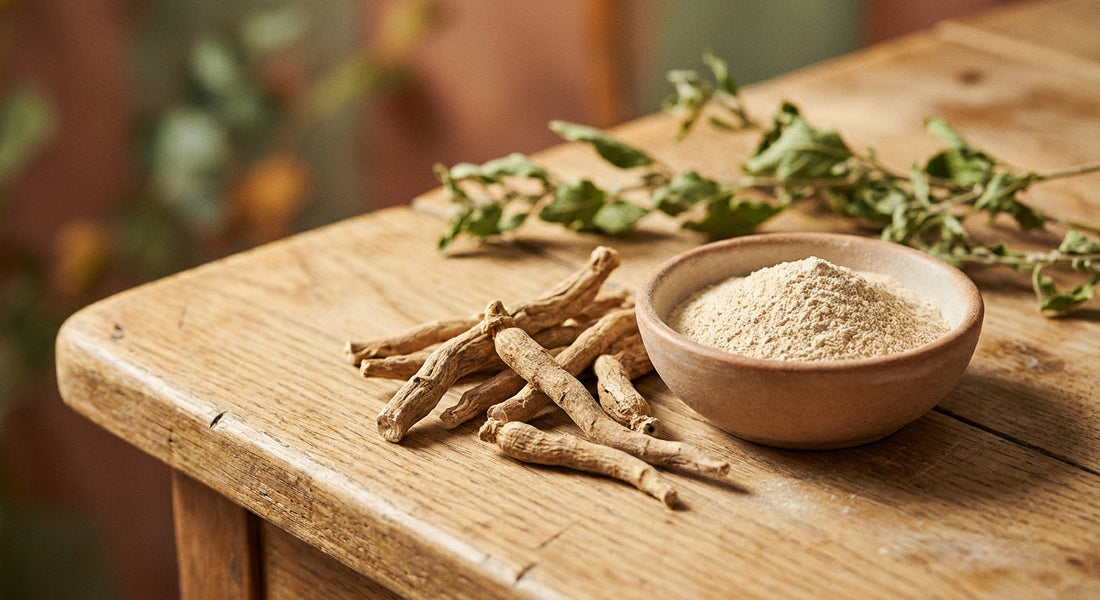 Rădăcină de ashwagandha și tablete pe fundal natural verde