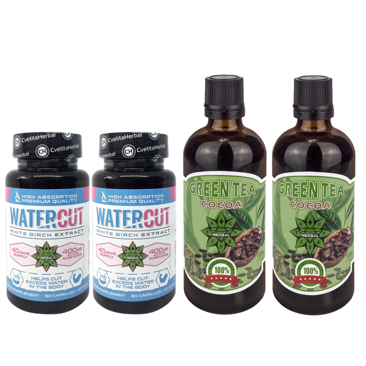 PACHET COMBO: Ceai Verde cu Cacao 100ml + Water Cut (Extract de Mesteacăn Alb) 80 capsule