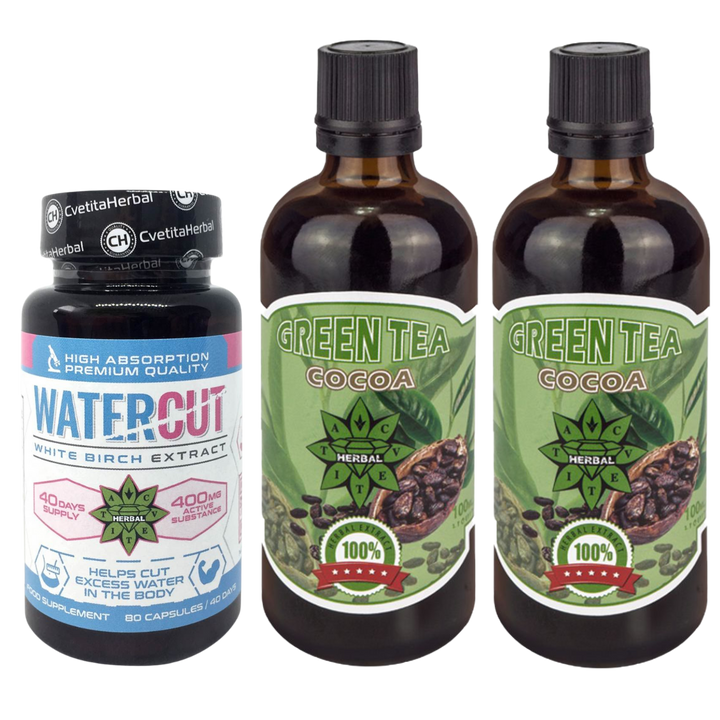 PACHET COMBO: Ceai Verde cu Cacao 100ml + Water Cut (Extract de Mesteacăn Alb) 80 capsule
