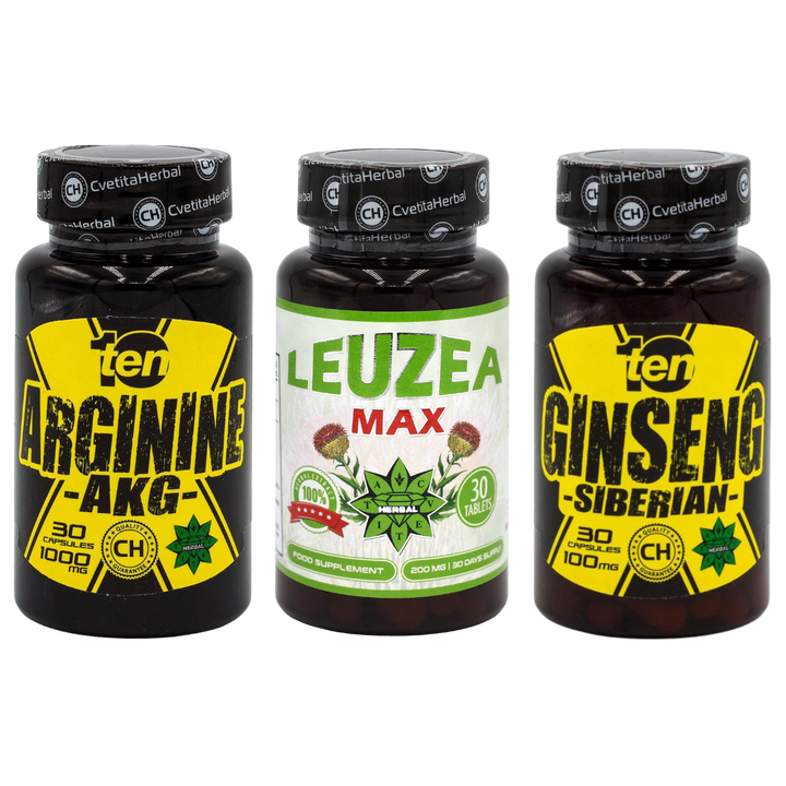 PACHET COMBO: Leuzea 30 comprimate + TEN Arginine 40 comprimate + Ten Siberian Ginseng 30 comprimate