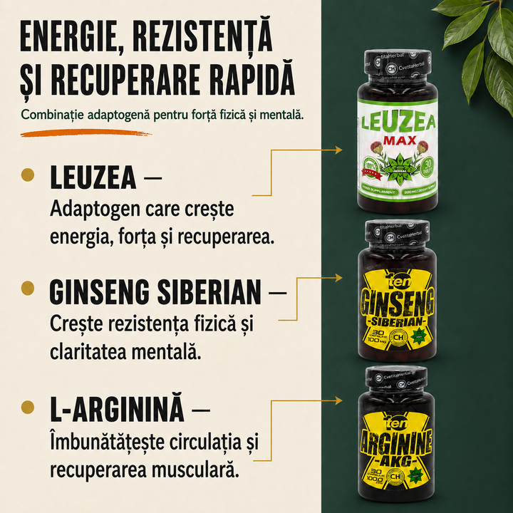 PACHET COMBO: Leuzea 30 comprimate + TEN Arginine 40 comprimate + Ten Siberian Ginseng 30 comprimate
