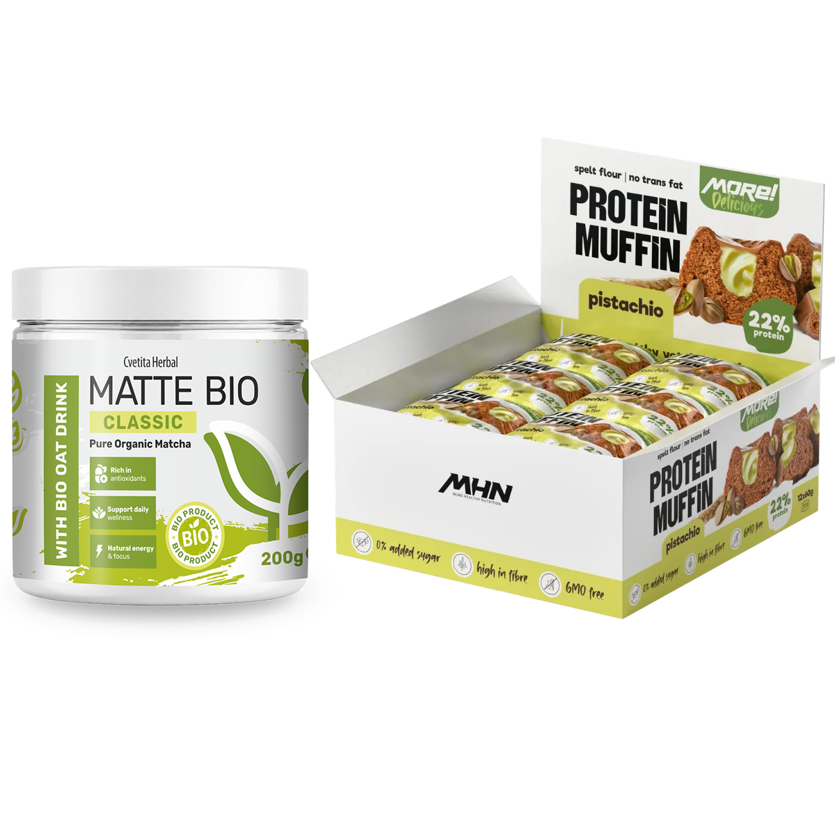 Matte Bio Classic și brioșe proteice cu fistic MHN - pachet combo