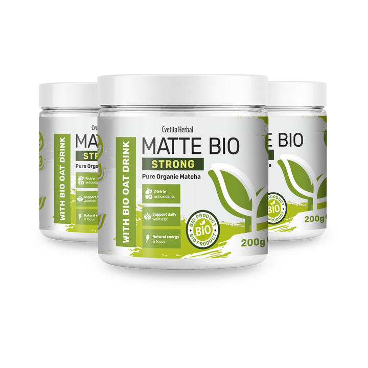 Matte Bio Strong 2+1 - pachet promo cu trei cutii de matcha bio de 200 g